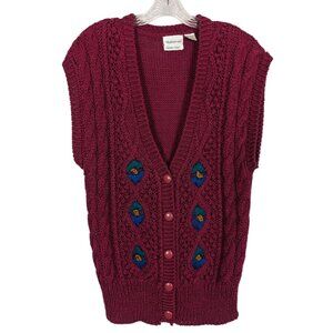 Weathervane hand knit Vintage‎ Burgundy Blue Sleeveless Cardigan Size Large